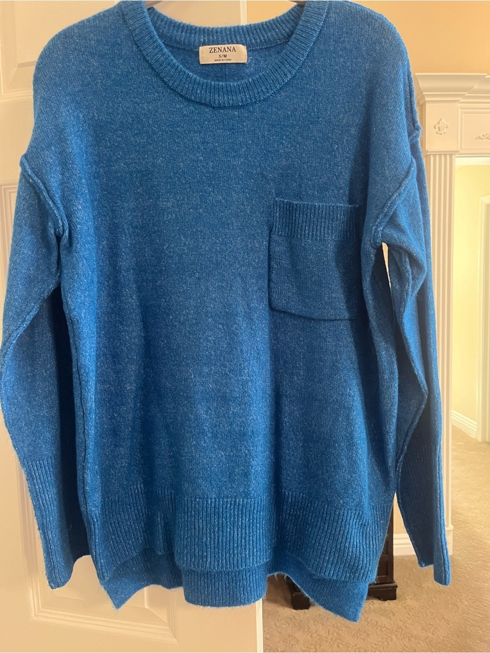 Zenana Outfitters Teal-Blue Crewneck Sweater with Pocket